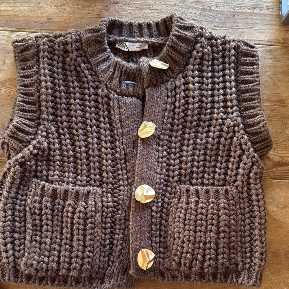 Zara Brown Knit Vest with Gold Buttons